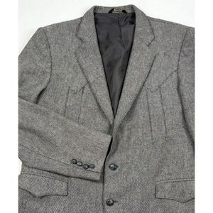 VTG 70s/80s Grand Entry Western Sport Coat 44L Gray Wool Birdseye USA Cowboy
